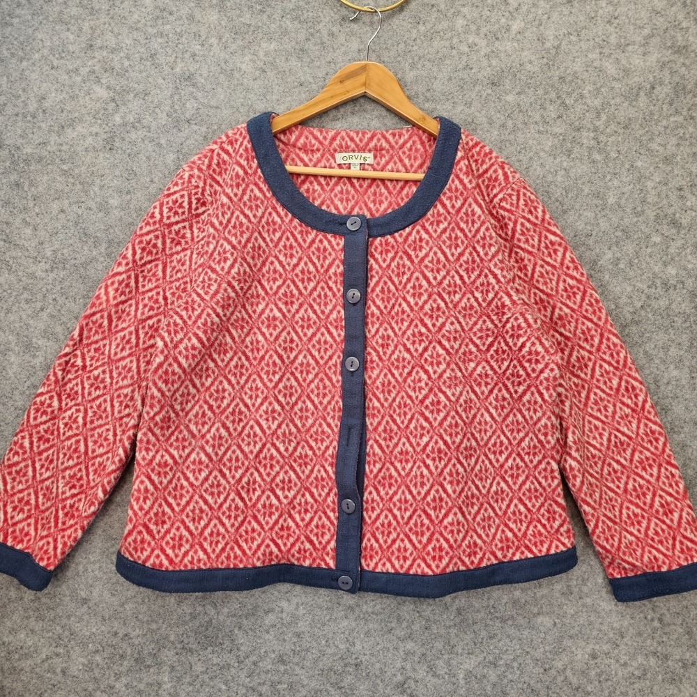 Vintage ORVIS Cardigan Womens XL Red Blue Aztec Fleece Southwestern Cottage Boxy